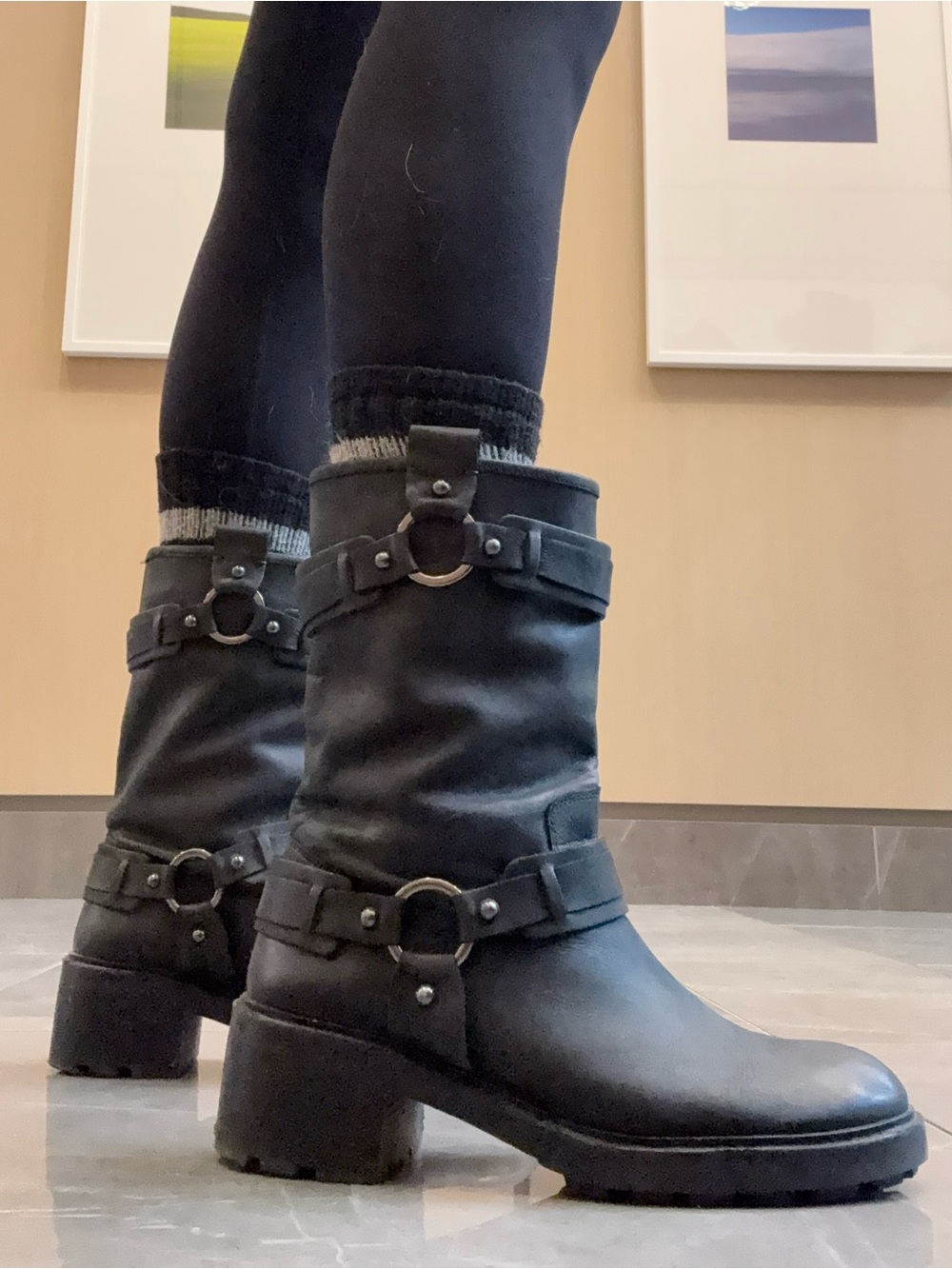 Aldo Black Leather Mid-Calf Ring-Accent Boots